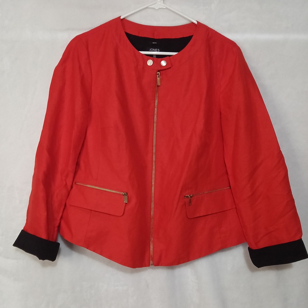 Jones New York Suits Red Linen Blend Zip Up Jacket Black Cuffs Size 12